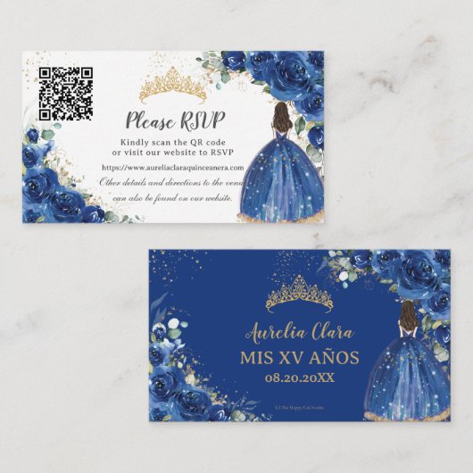 Koninklijk Blauw Bloemen Goud Quinceañera QR Code Informatiekaartje (Voorkant / Achterkant)