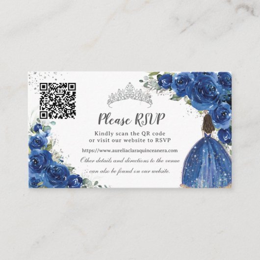 Koninklijk Blauw Bloemen Zilver Quinceañera QR Cod Informatiekaartje (Voorkant)