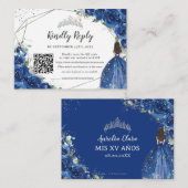 Koninklijk Blauw Bloemen Zilver Quinceañera QR Cod Informatiekaartje (Voorkant / Achterkant)