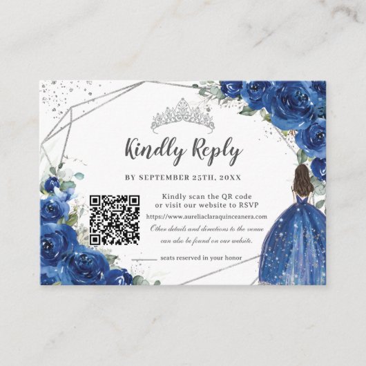 Koninklijk Blauw Bloemen Zilver Quinceañera QR Cod Informatiekaartje (Voorkant)
