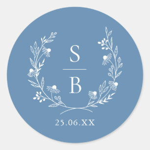 Koninklijk Blauw Botanisch Monogram Krans Bruiloft Ronde Sticker