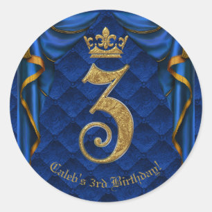 Koninklijk Blauw en Goud 3 3RD Birthday Party Ronde Sticker
