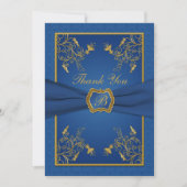 Koninklijk Blauw en Goud Monogram Dank u Kaart (Voorkant)