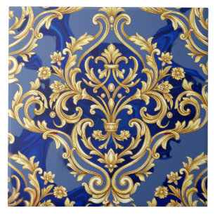Koninklijk Blauw en Gouden Barok Damast Patroon Tegeltje