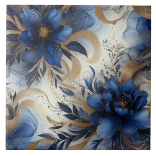 Koninklijk Blauw en Gouden Bloemalcoholinkt Tegeltje