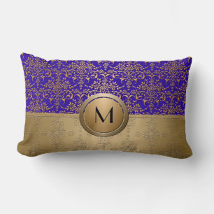 Koninklijk Blauw en Gouden Monogramdamast Kussen