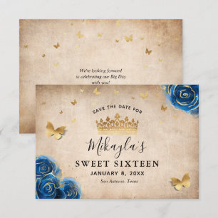Koninklijk Blauw en Gouden Roos Pergament Elegant Save The Date