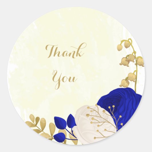 koninklijk blauw en wit bloemen goud ronde sticker (Voorkant)