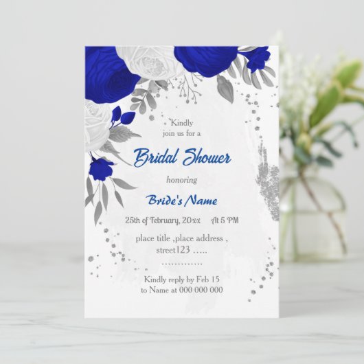 koninklijk blauw en wit bloemen zilver vrijgezelle kaart (Staand voorkant)