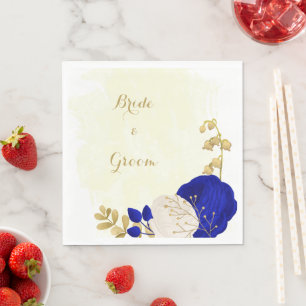 koninklijk blauw en witte bloemen gouden bruiloft servet