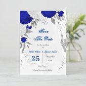 koninklijk blauw en witte bloemen zilver save the date (Staand voorkant)
