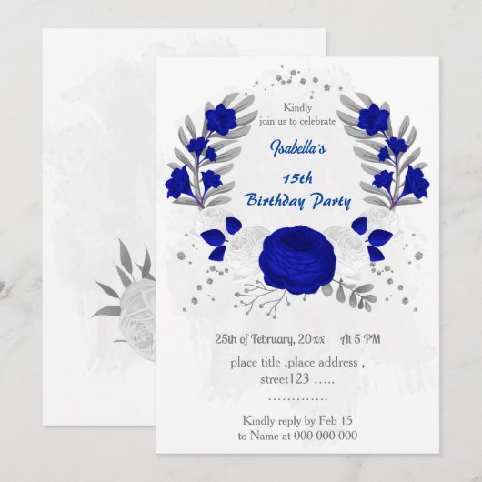 koninklijk blauw en witte bloemen zilveren verjaar kaart (Voorkant / Achterkant)