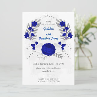 koninklijk blauw en witte bloemen zilveren verjaar kaart