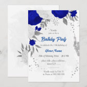 koninklijk blauw en witte bloemen zilveren verjaar kaart (Voorkant / Achterkant)