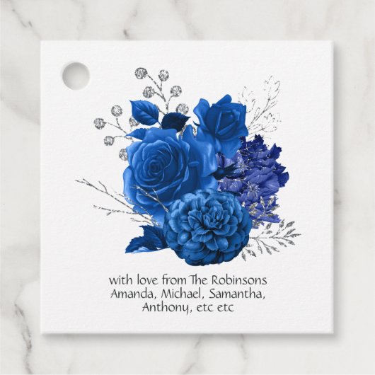 Koninklijk Blauw en Zilver Bloemmotief Bedankjes Labels (Voorkant)