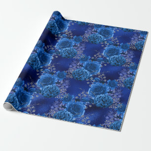 Koninklijk Blauw en Zilver Bloemmotief Cadeaupapier