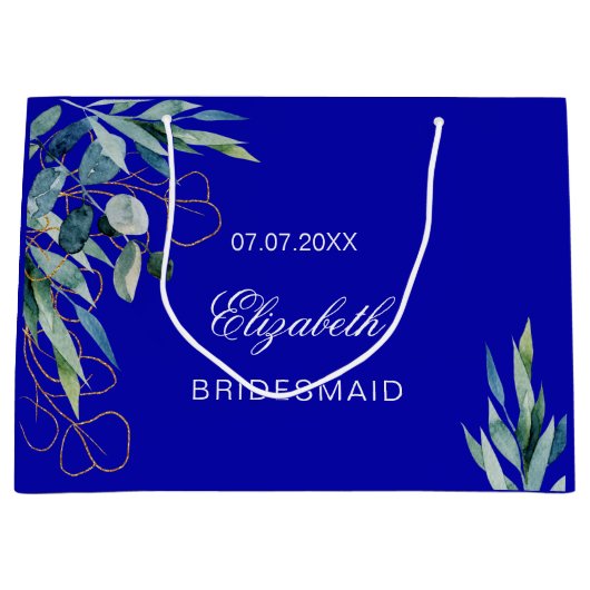 Koninklijk blauw eucalyptus groen bruidsmeisje bru groot cadeauzakje (Voorkant)