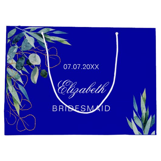 Koninklijk blauw eucalyptus groen bruidsmeisje bru groot cadeauzakje (Achterkant)
