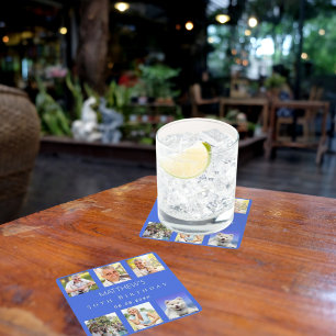 Koninklijk blauw fotocollage verjaardagsfeestje vierkante kartonnen onderzetter