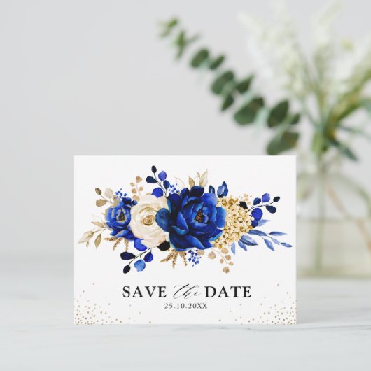 Koninklijk Blauw Geel Goud Bloem Save the date Briefkaart (Staand voorkant)