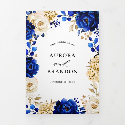 Koninklijk Blauw Geel Goud Metallic Bloem Bruiloft Drieluik Aankondiging (Cover)