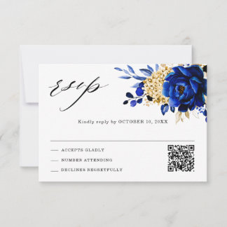 Koninklijk Blauw Geel Goud Metallic Bloemige Trouw RSVP Kaartje