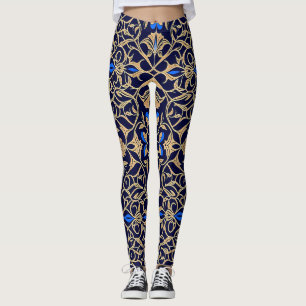 Koninklijk Blauw & Goud Bloem Motief Elegantie Leggings