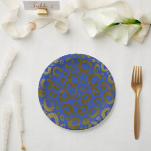 Koninklijk Blauw & Goud Glam Luipaardprint Feest Papieren Bordje
