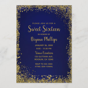 Koninklijk Blauw & Goud Glitter Glam Sweet 16 Fees Kaart