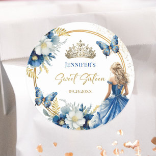 Koninklijk Blauw Goud Prinses Tiara Bloemen Zoet 1 Ronde Sticker