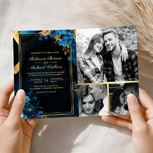 Koninklijk Blauw Gouden Bloem Marmer QR Code Huwel