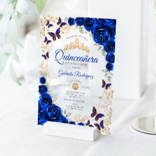 Koninklijk Blauw Gouden Bloemige Quinceanera Acryl Uitnodigingen