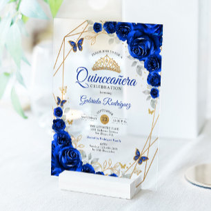Koninklijk Blauw Gouden Bloemige Quinceanera Acryl Uitnodigingen