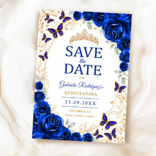 Koninklijk Blauw Gouden Bloemige Quinceanera Save The Date