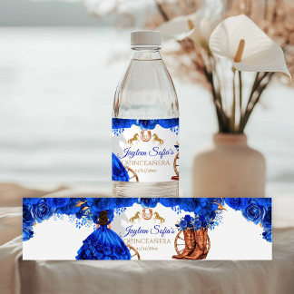 Koninklijk Blauw Gouden Cowboy Quinceañera Water E Waterfles Etiket