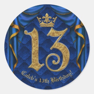 Koninklijk Blauw & Gouden Kroon 13 13e Verjaardags Ronde Sticker