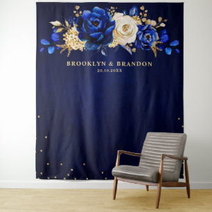 Koninklijk blauw gouden metalen bloemstuk trouwtap wandkleed