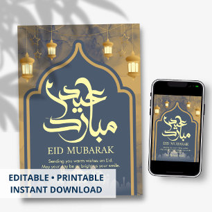 Koninklijk Blauw & Gouden Moskee Boog Eid Mubarak Feestdagenkaart