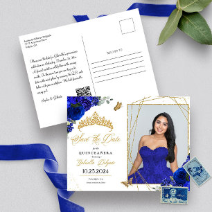 Koninklijk Blauw & Gouden Tiara Quinceañera Foto Briefkaart