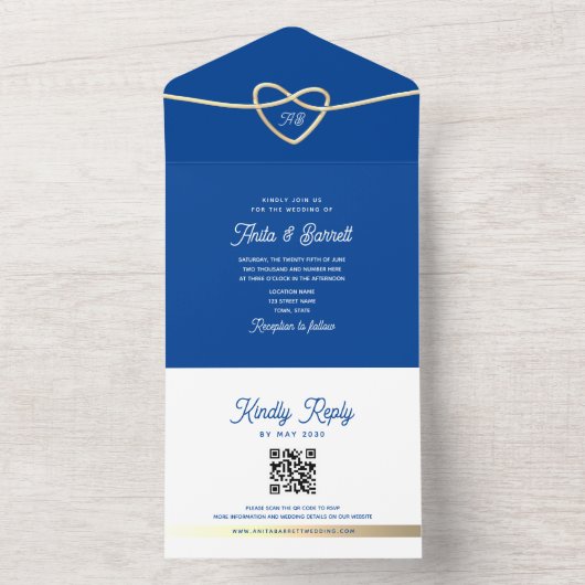 Koninklijk Blauw Huwelijk QR Code All In One Uitnodiging (Binnen)