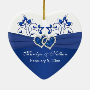 Koninklijk Blauw, Wit Bloemen Harten 1e Kerstmis Keramisch Ornament