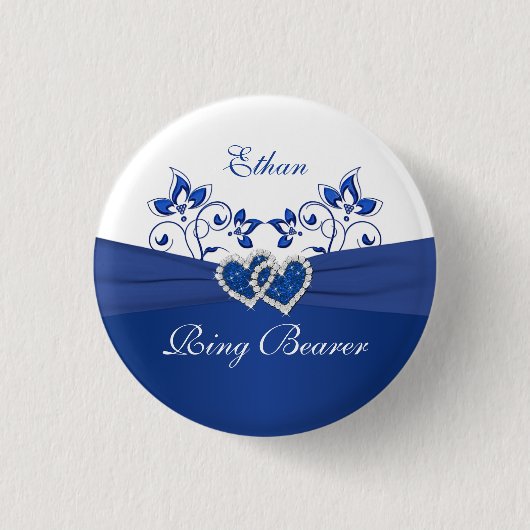 Koninklijk Blauw, Wit Bloemen Ring Drager Pin Ronde Button 3,2 Cm (Voorkant)