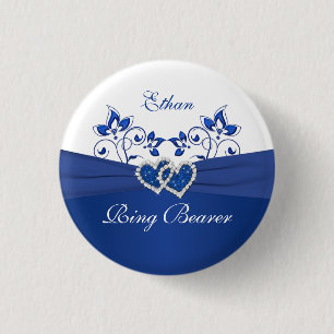 Koninklijk Blauw, Wit Bloemen Ring Drager Pin Ronde Button 3,2 Cm
