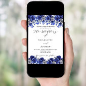 Koninklijk blauw wit bloemenschrift bruiloft kaart