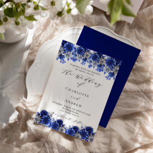 Koninklijk blauw wit bloemenschrift bruiloft kaart