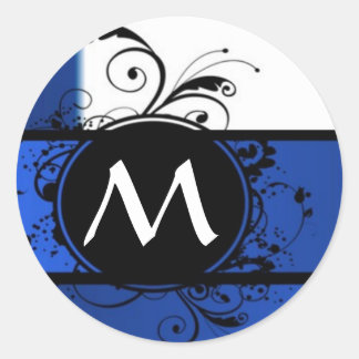 Koninklijk blauw-wit monogram ronde sticker