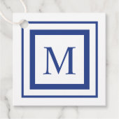 Koninklijk blauw-wit vierkant randmonogram bedankjes labels (Voorkant)