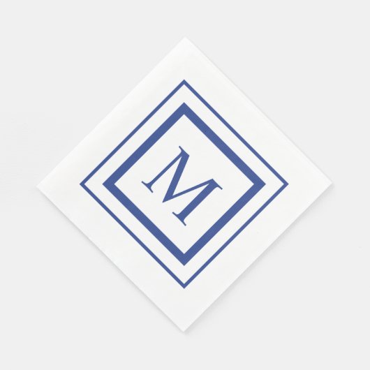 Koninklijk blauw-wit vierkant randmonogram servet (Hoek)