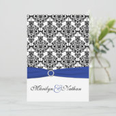 Koninklijk Blauw, Wit, Zwart Damast bruiloft uitno Kaart (Staand voorkant)