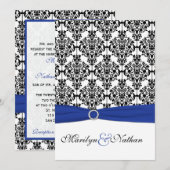 Koninklijk Blauw, Wit, Zwart Damast bruiloft uitno Kaart (Voorkant / Achterkant)